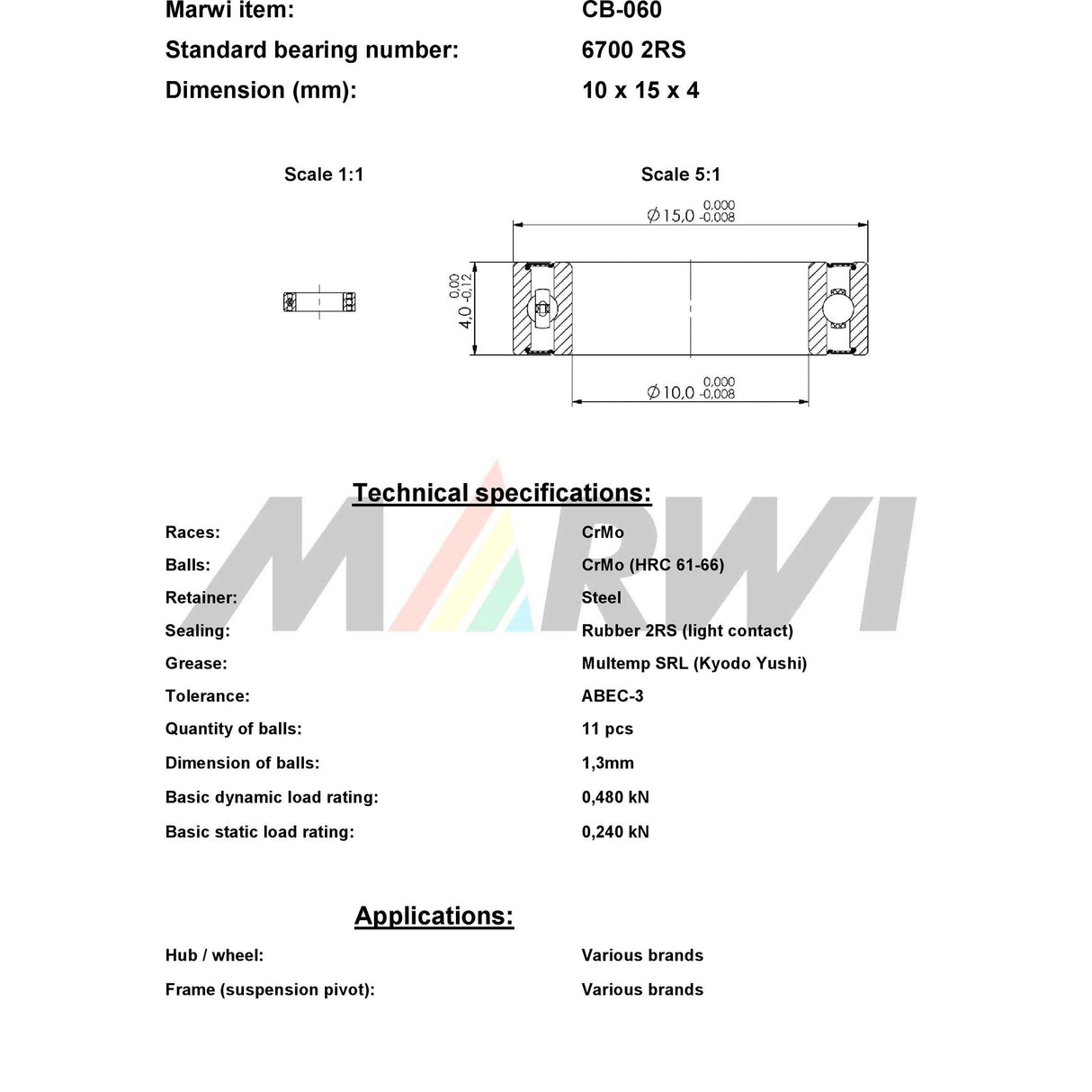 Marwi union kogellager ball bearing union cb-060 10x15x4
