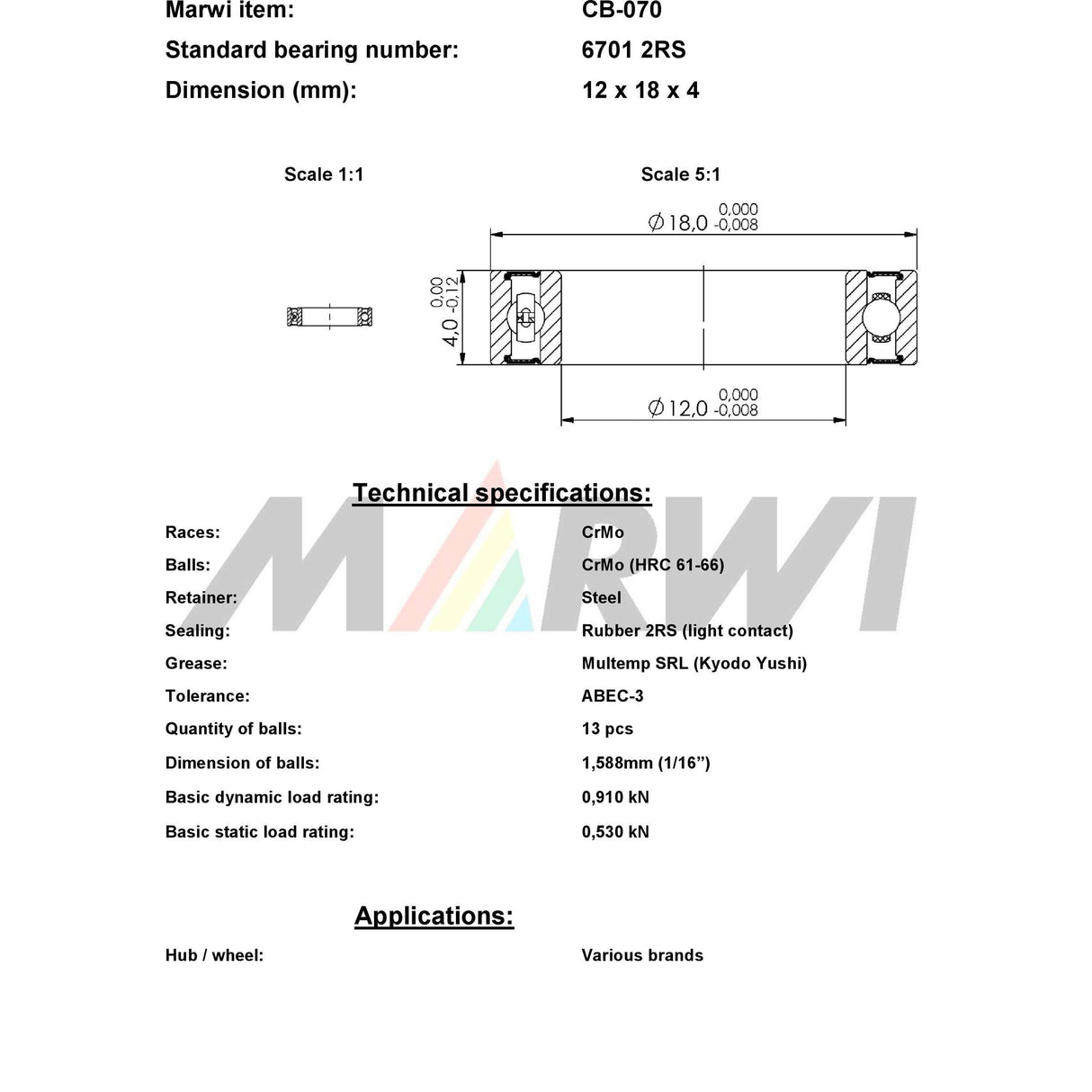 Marwi union kogellager ball bearing union cb-070 12x18x4