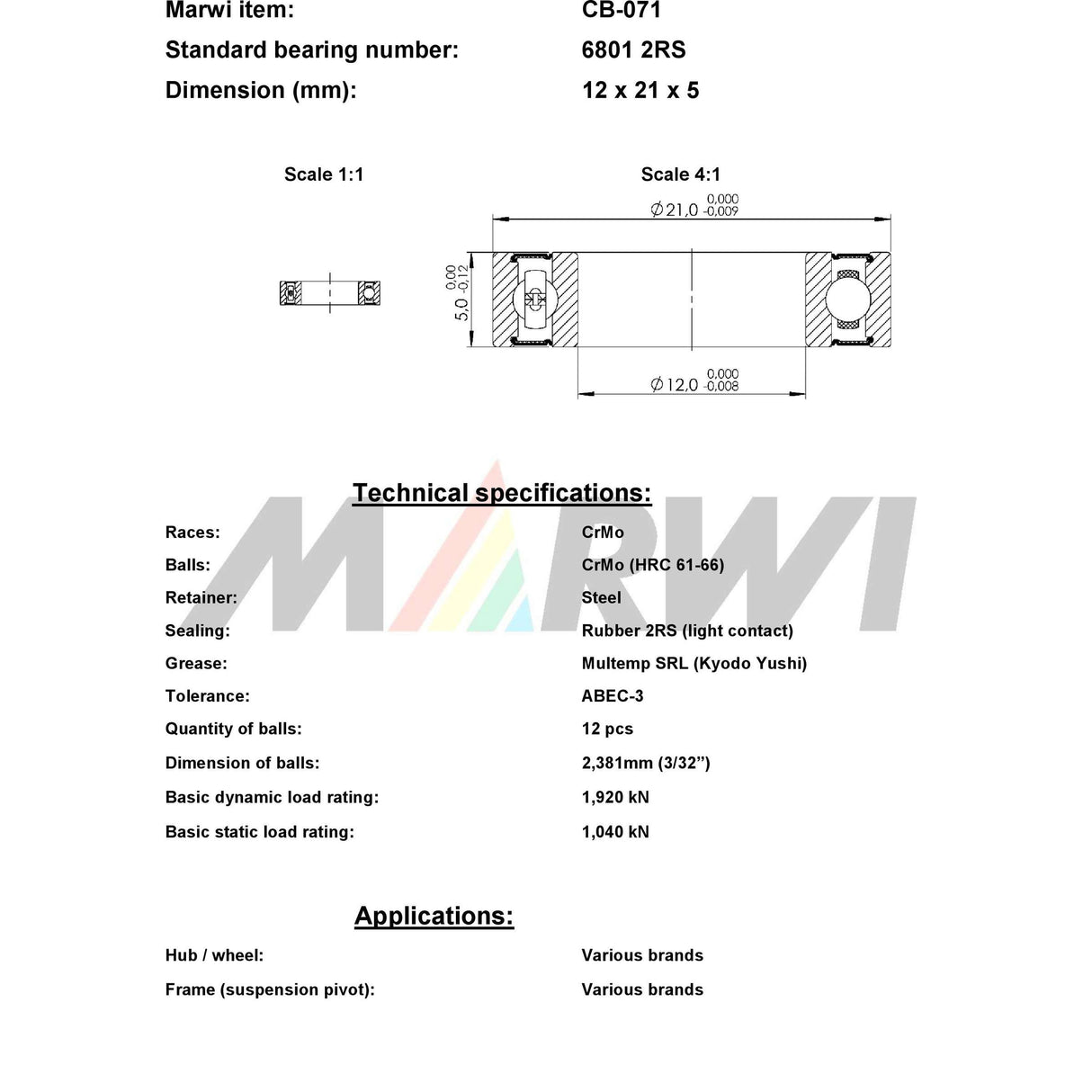 Marwi union kogellager ball bearing union cb-071 12x21x5
