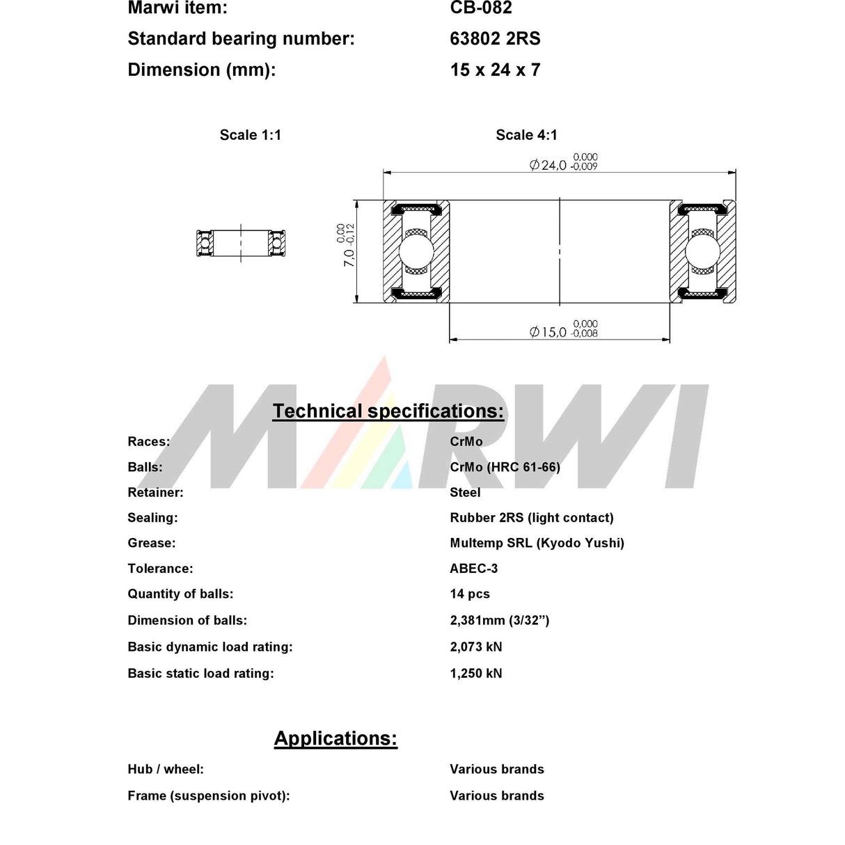 Marwi union kogellager ball bearing union cb-082 15x24x7