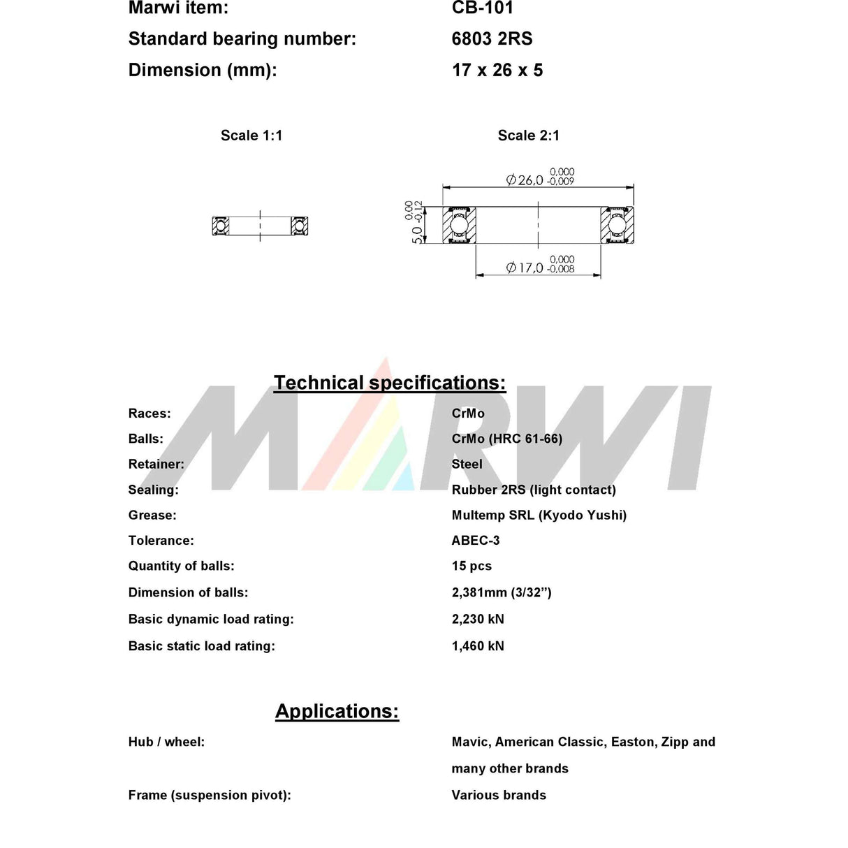 Marwi union kogellager ball bearing union cb-101 17x26x5