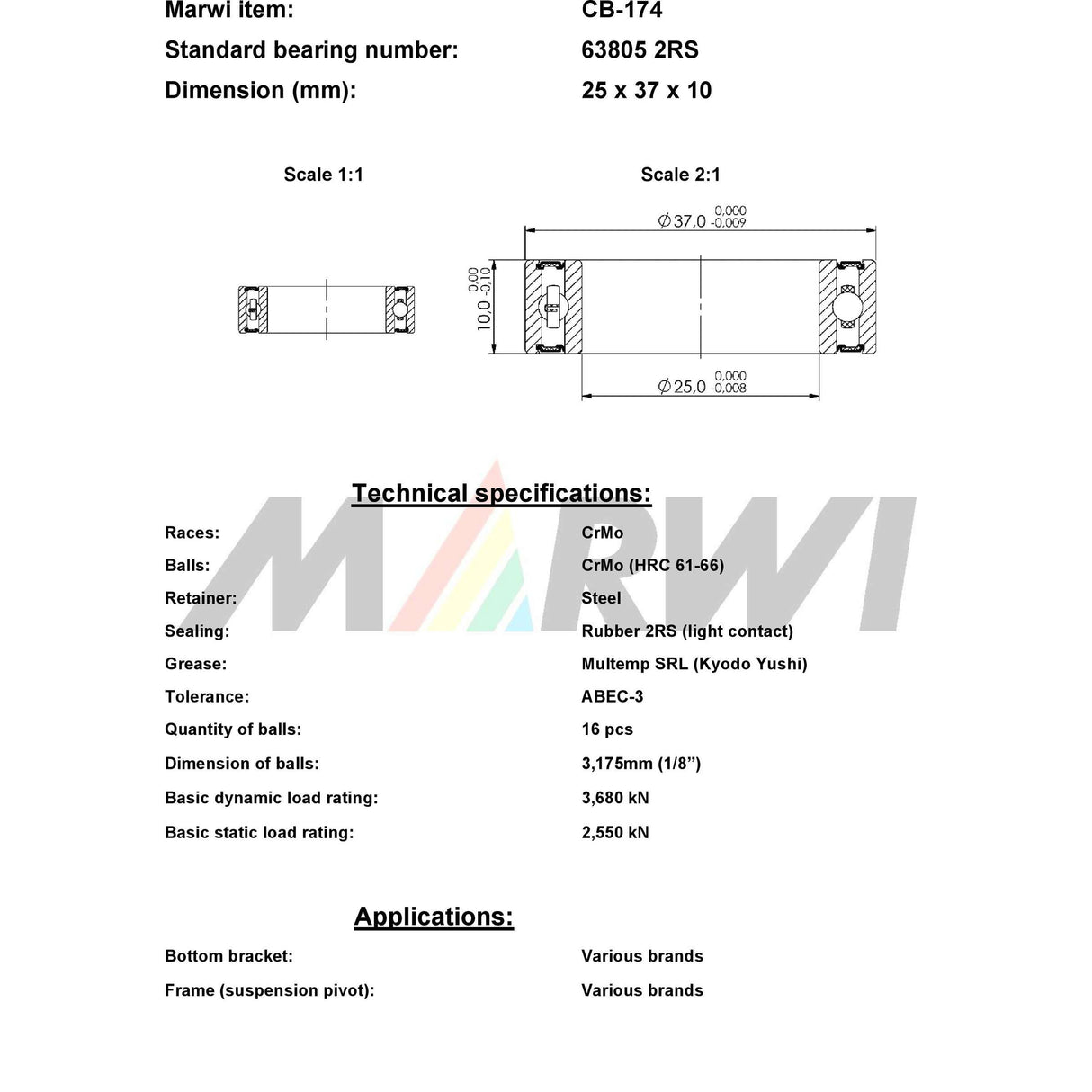 Marwi union kogellager ball bearing union cb-174 25x37x10