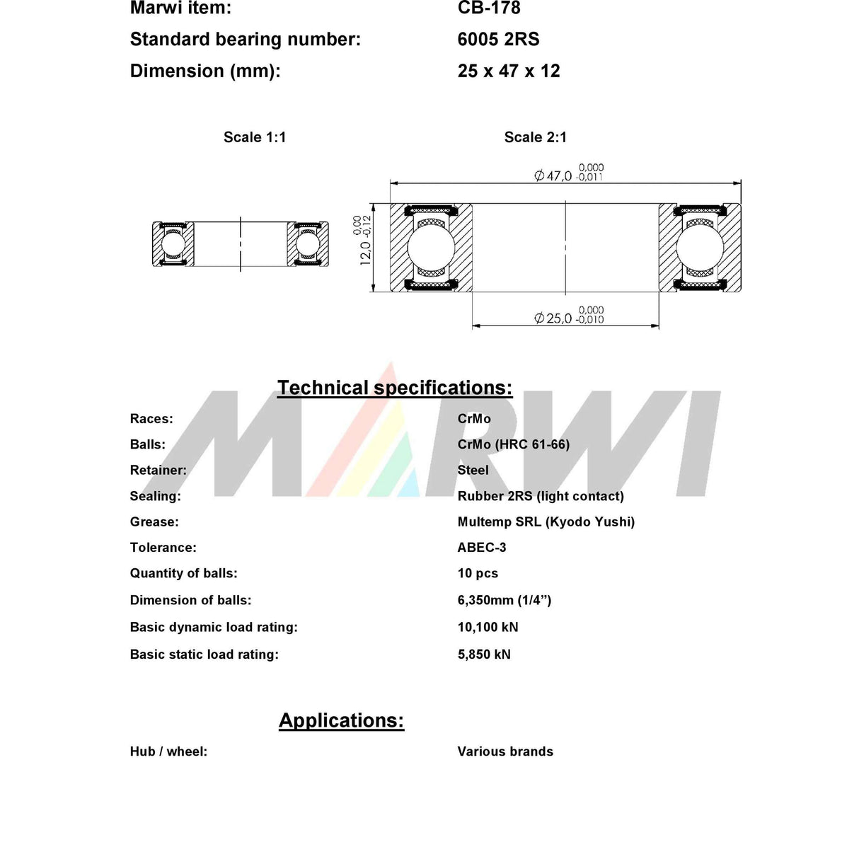 Marwi union kogellager ball bearing union cb-178 25x47x12