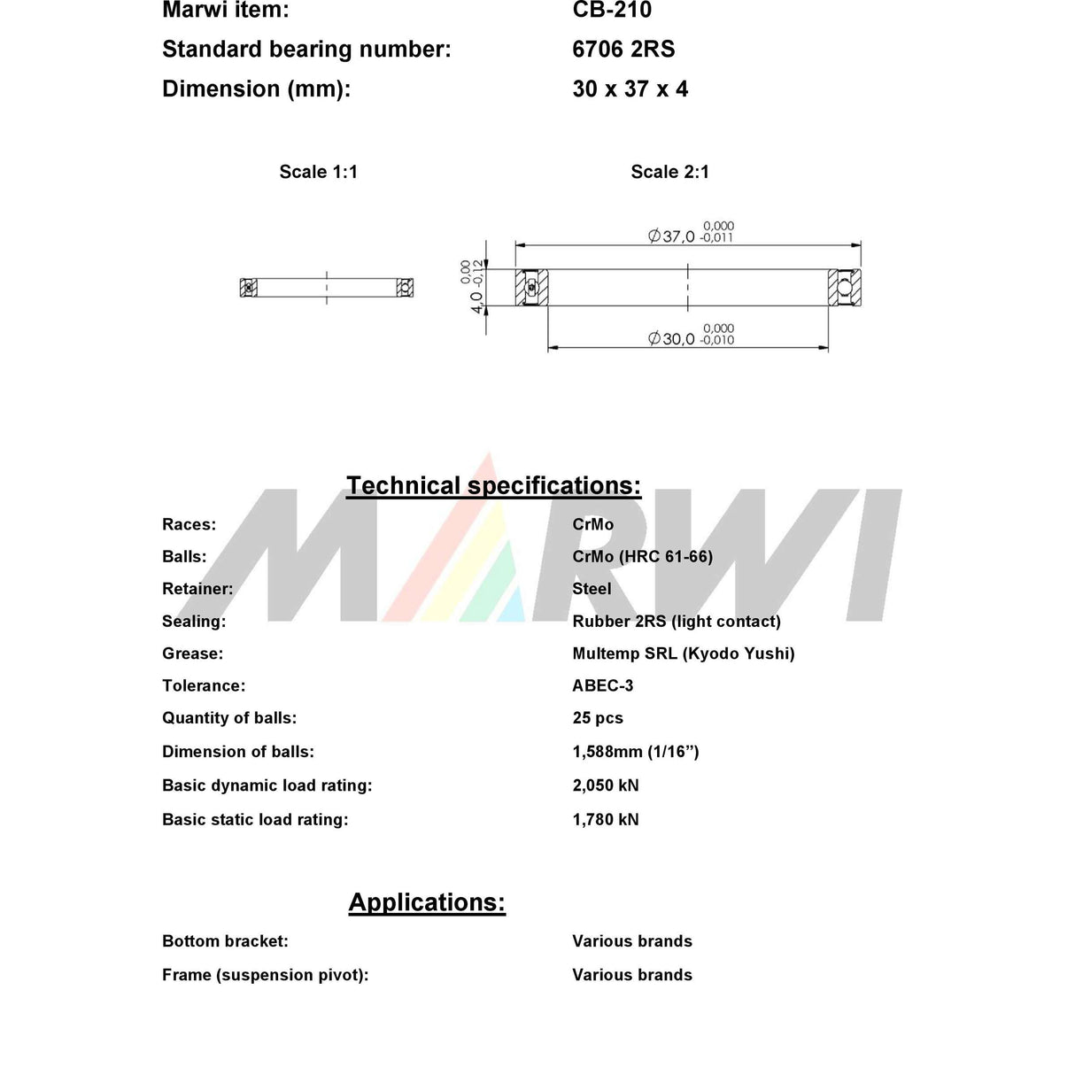 Marwi union kogellager ball bearing union cb-210 30x37x4