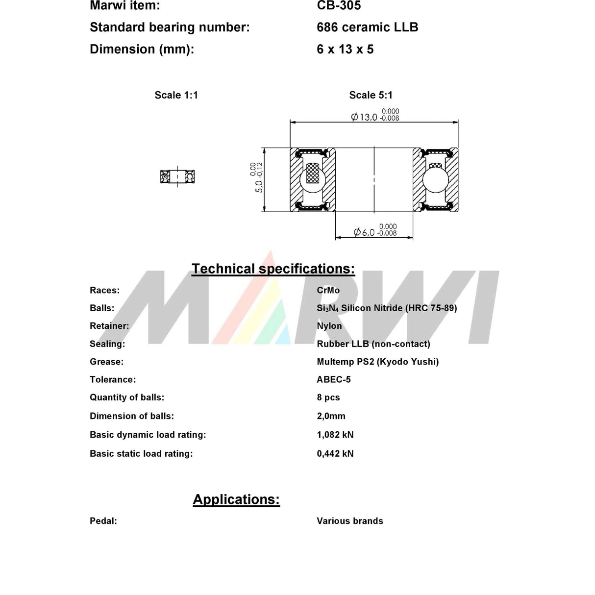 Union kogellager cb-305 686 llb 6x13x5 keramisch
