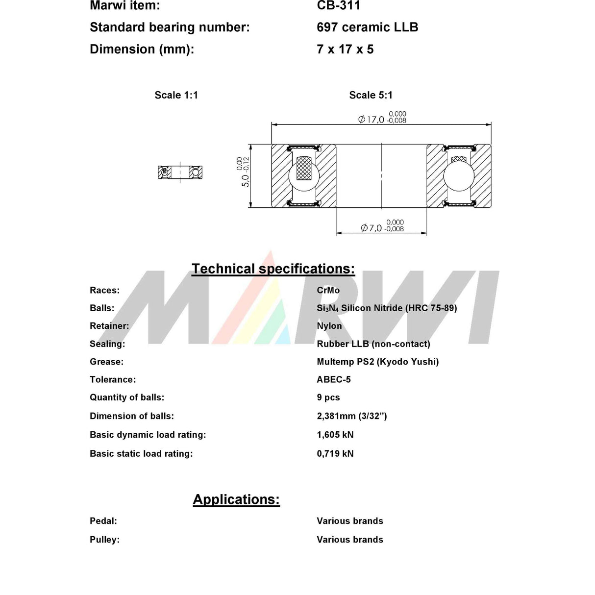 Union kogellager cb-311 697 llb 7x17x5 keramisch