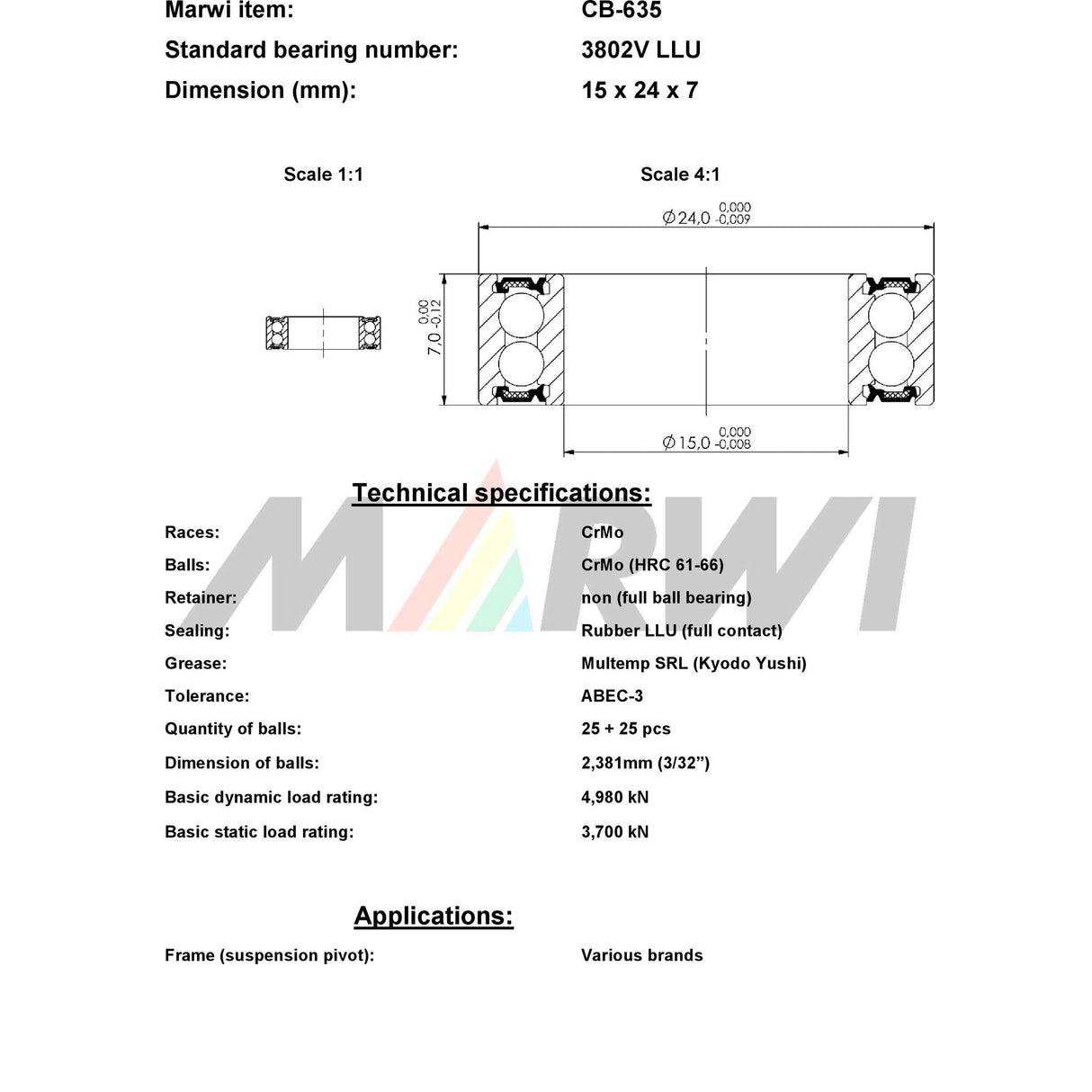 Union kogellager ball bearing cb-635 15x24x7
