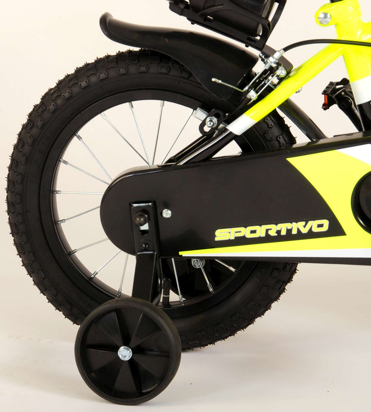 Volare Sportivo Kinderfiets Jongens 14 inch Neon Geel Zwart Twee Handremmen 95% afgemonteerd