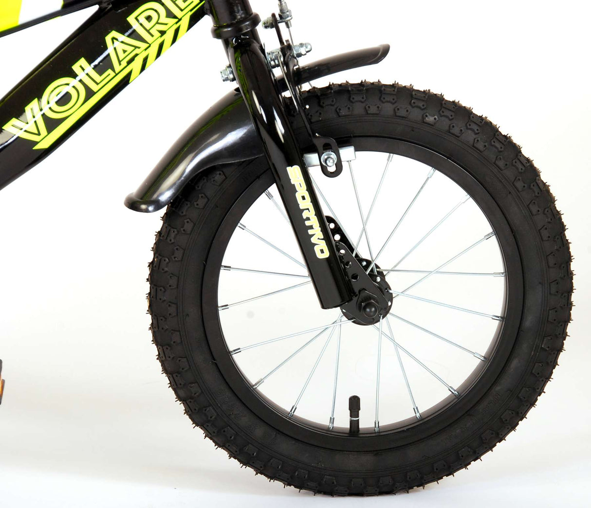 Volare Sportivo Kinderfiets Jongens 14 inch Neon Geel Zwart Twee Handremmen 95% afgemonteerd