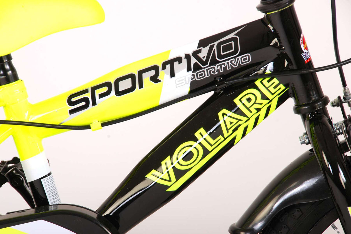 Volare Sportivo Kinderfiets Jongens 14 inch Neon Geel Zwart Twee Handremmen 95% afgemonteerd