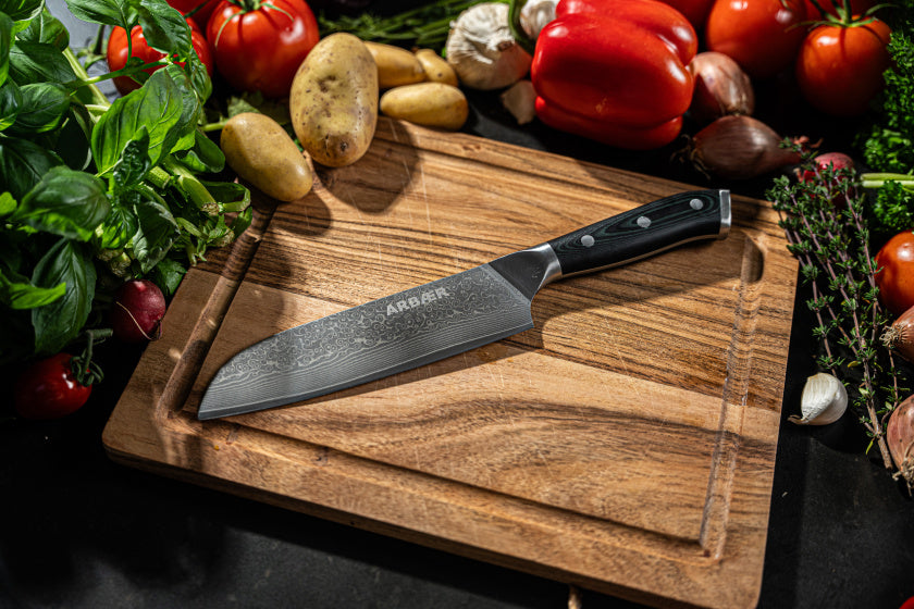 Arbaer koksmes 18 cm japans santoku lemmet damascus staal g10 handvat