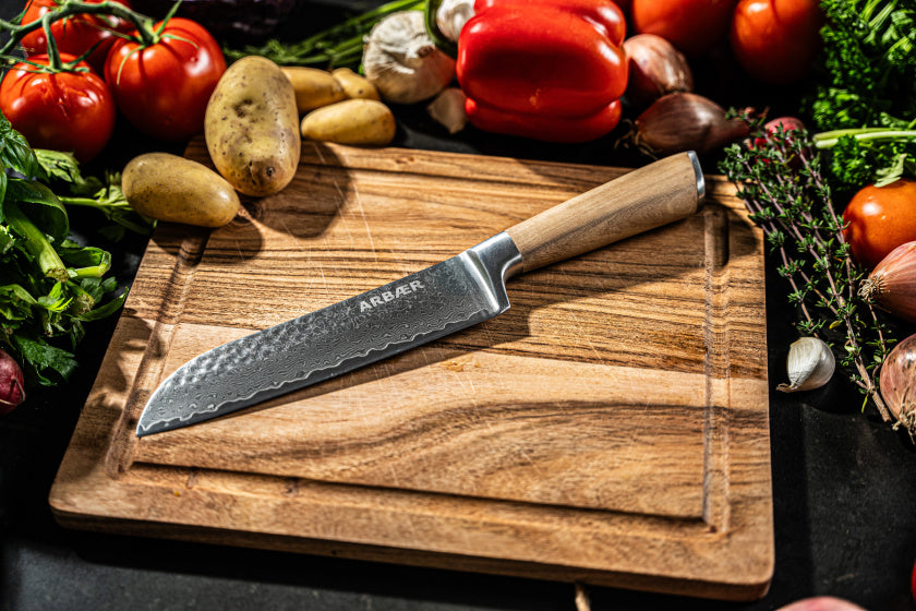 Arbaer santoku koksmes 18,5 cm damascus staal olijfhouten handvat japans