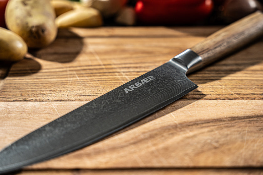 Arbaer messenset met magnetisch blok 6-delig damascus staal olijfhouten handvatten