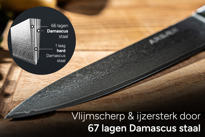 Arbaer koksmes 18 cm japans santoku lemmet damascus staal g10 handvat
