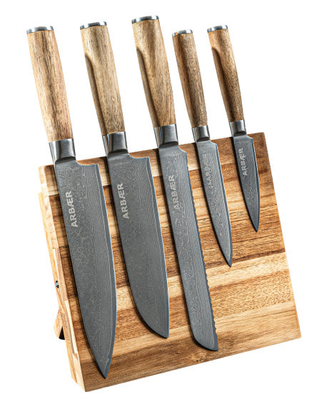Arbaer messenset met magnetisch blok 6-delig damascus staal olijfhouten handvatten