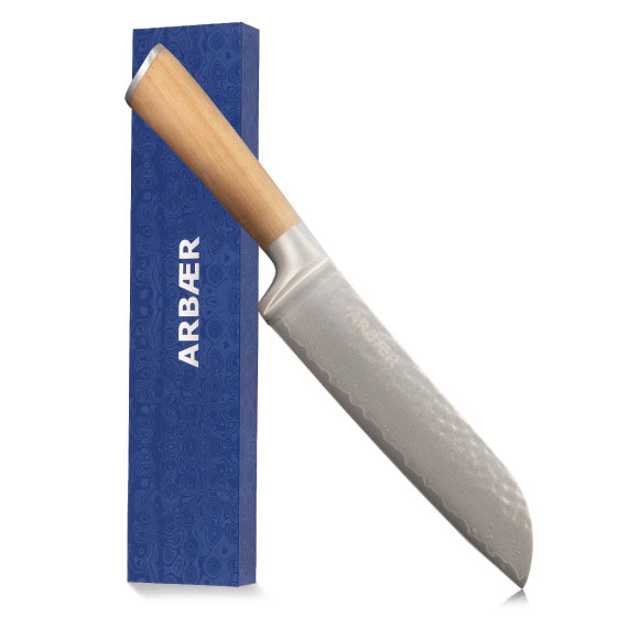 Arbaer santoku koksmes 18,5 cm damascus staal olijfhouten handvat japans