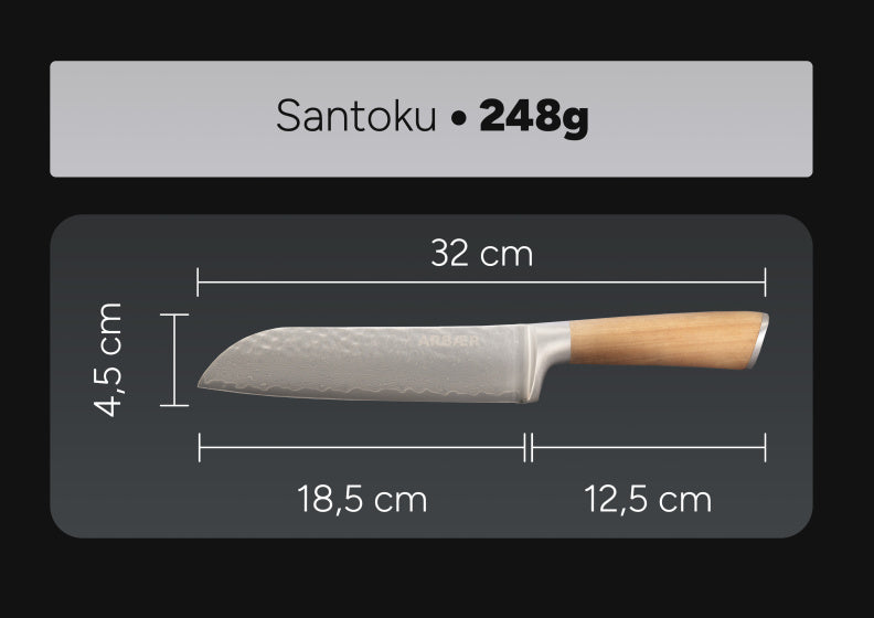 Arbaer santoku koksmes 18,5 cm damascus staal olijfhouten handvat japans