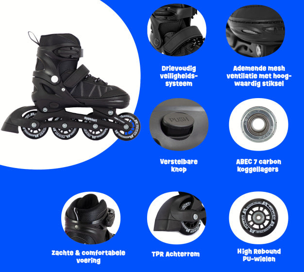 Aventuri verstelbare inline skates semi-softboot zwart maat 38-41 (l)