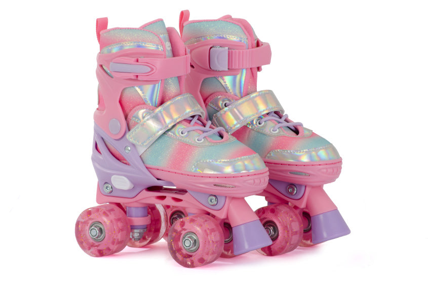 Aventuri verstelbare rolschaatsen met lichtjes roze glitter maat 31-34 (s)