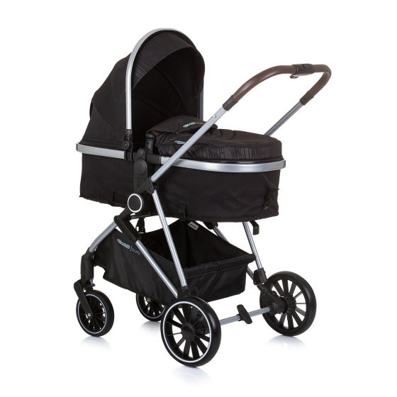 Chipolino aura opvouwbare 3-in-1 kinderwagen met luiertas obsidian zwart zilver