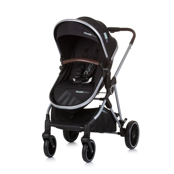 Chipolino aura opvouwbare 3-in-1 kinderwagen met luiertas obsidian zwart zilver