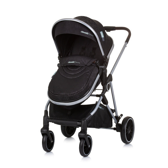 Chipolino aura opvouwbare 3-in-1 kinderwagen met luiertas obsidian zwart zilver