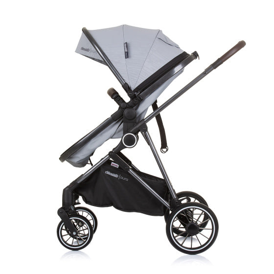Chipolino aura opvouwbare 3-in-1 kinderwagen met luiertas ash grijs zwart