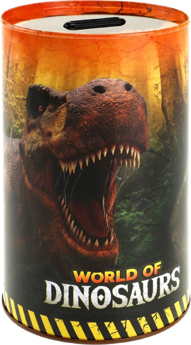 Van der doelen world of dinosaurussen spaarpot van blik