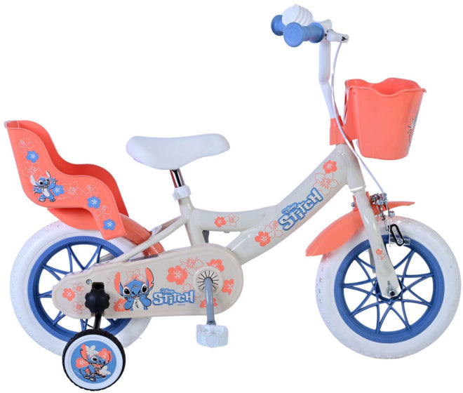 Disney Stitch Kinderfiets Meisjes 12 inch Creme Koraal Blauw
