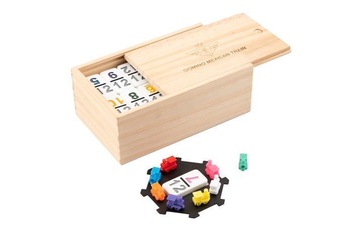 Engelhart Dominospel Mexican train hout naturel wit 101-delig