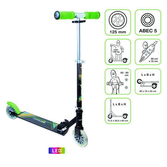 Muuwmi Neon 2-wiel Kinderstep LED Opvouwbaar Voetrem Zwart Groen