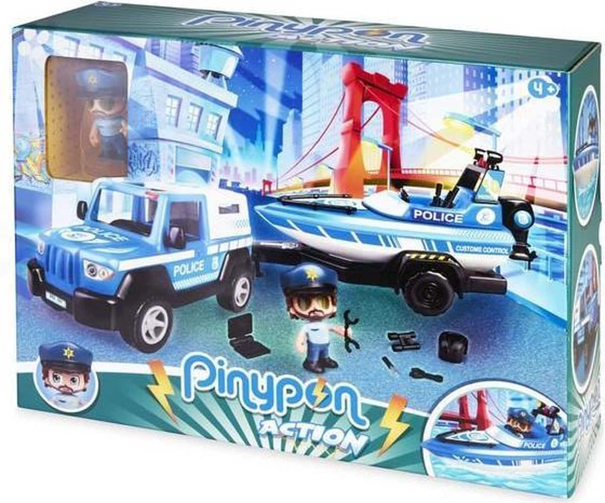 Famosa pinypon politie wagen met trailer en boot, inclusief speelfiguur