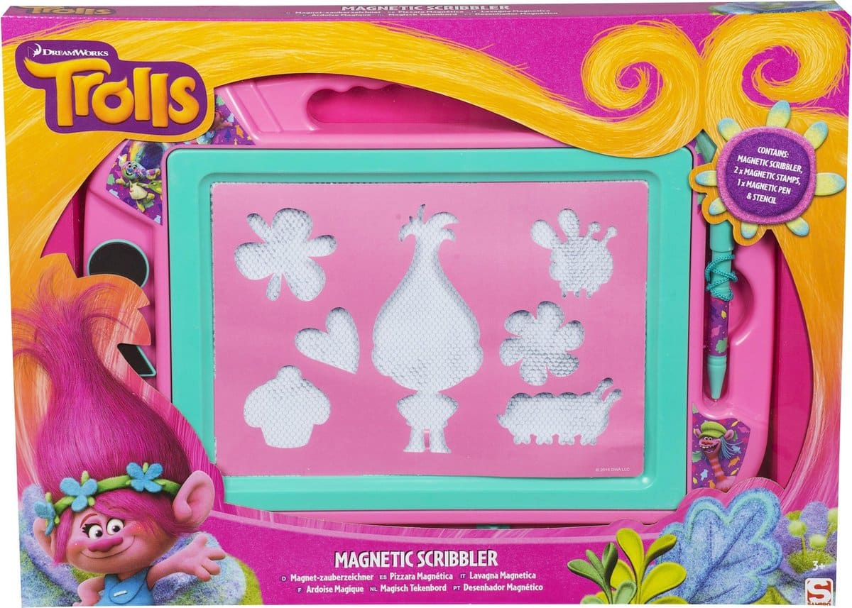 Bongers speelgoed trolls magische tekenbord, met sjablonen van de trolls als voorbeeld