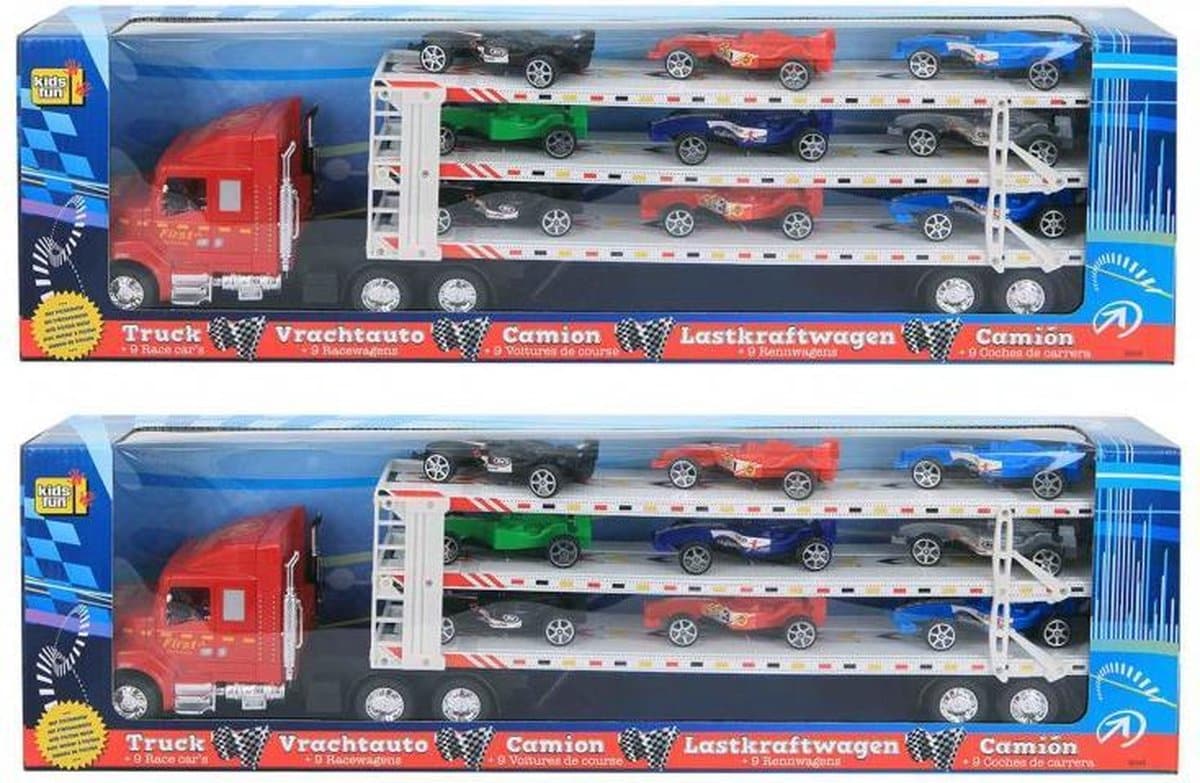 Jonotoys grote vrachtauto met oplegger en 9 race auto apos;s er op, 58 cm lang.