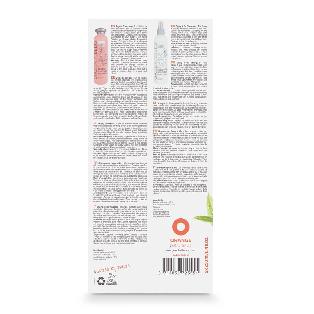 Greenfields Greenfields Puppyverzorgingsset shampoo en spray 2 x 250 ml