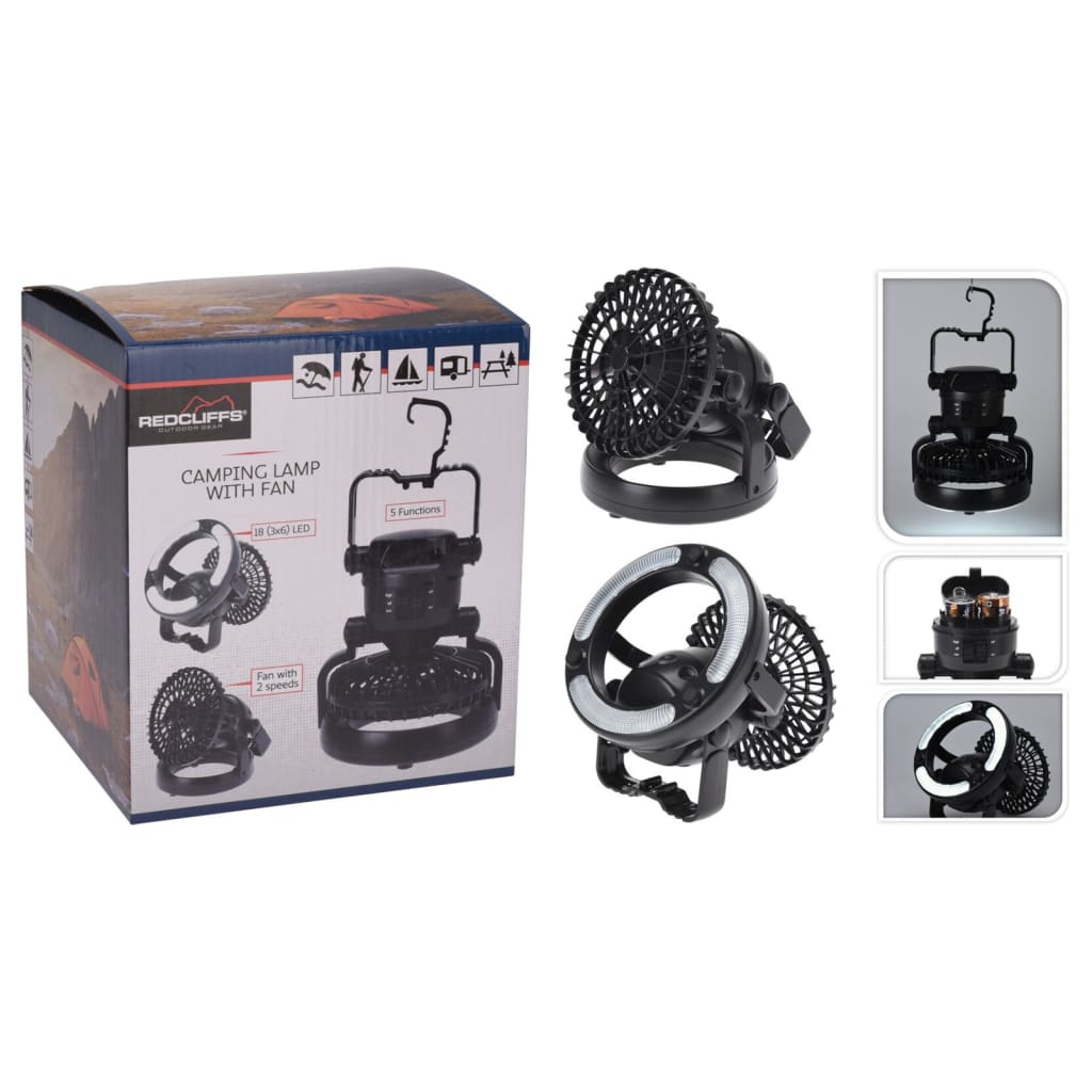 Redcliffs Campinglamp 18 LED's met ventilator zwart