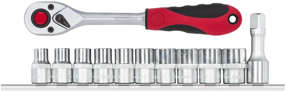 Gedore red Dopsleutelset + ratel 1 2 Inch 6-kt op Rail 12-delig