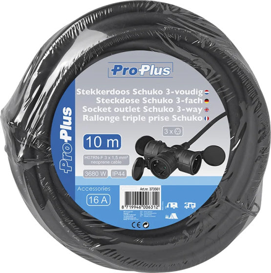 Proplus Verlengkabel Schuko 3-voudig 10 meter 3x1,5mm² zwart