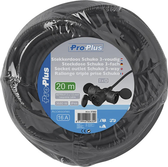 Proplus Verlengkabel Schuko 3-voudig 20 meter 3x1,5mm² zwart