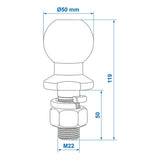 Proplus Trekhaakkogel 50 mm recht M22 in blister zilver