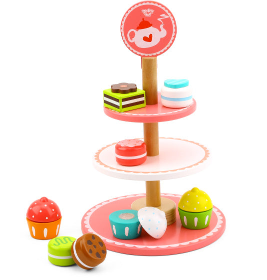 Tooky toy Houten Etagère met Gebakjes Roze Wit 12-delig
