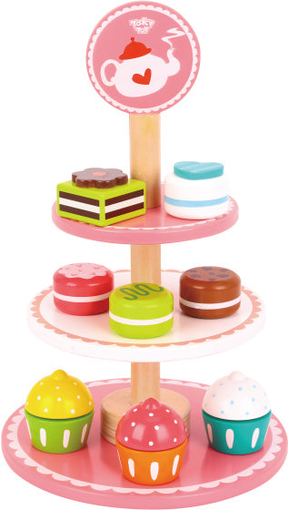 Tooky toy Houten Etagère met Gebakjes Roze Wit 12-delig
